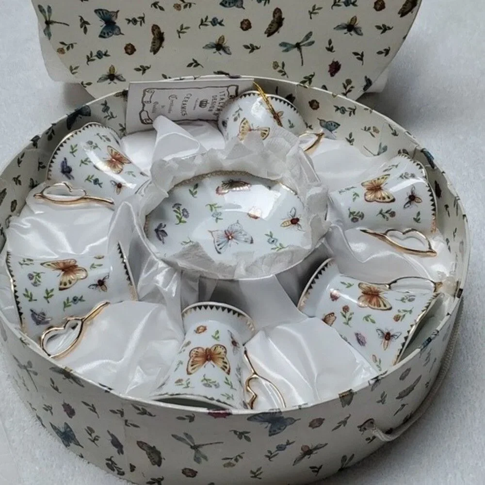 Porcelain Demitasse Teacups Saucers Butterflies (6) ITALIAN DESIGN CERAMICS vtg